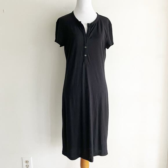 Standard James Perse Size 2 Dress Black Short Sleeve Shift Midi Buttons Spring - Picture 1 of 7